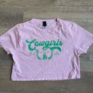 Pink and Green Cowgirls Good Vibes Cropped T-Shirt